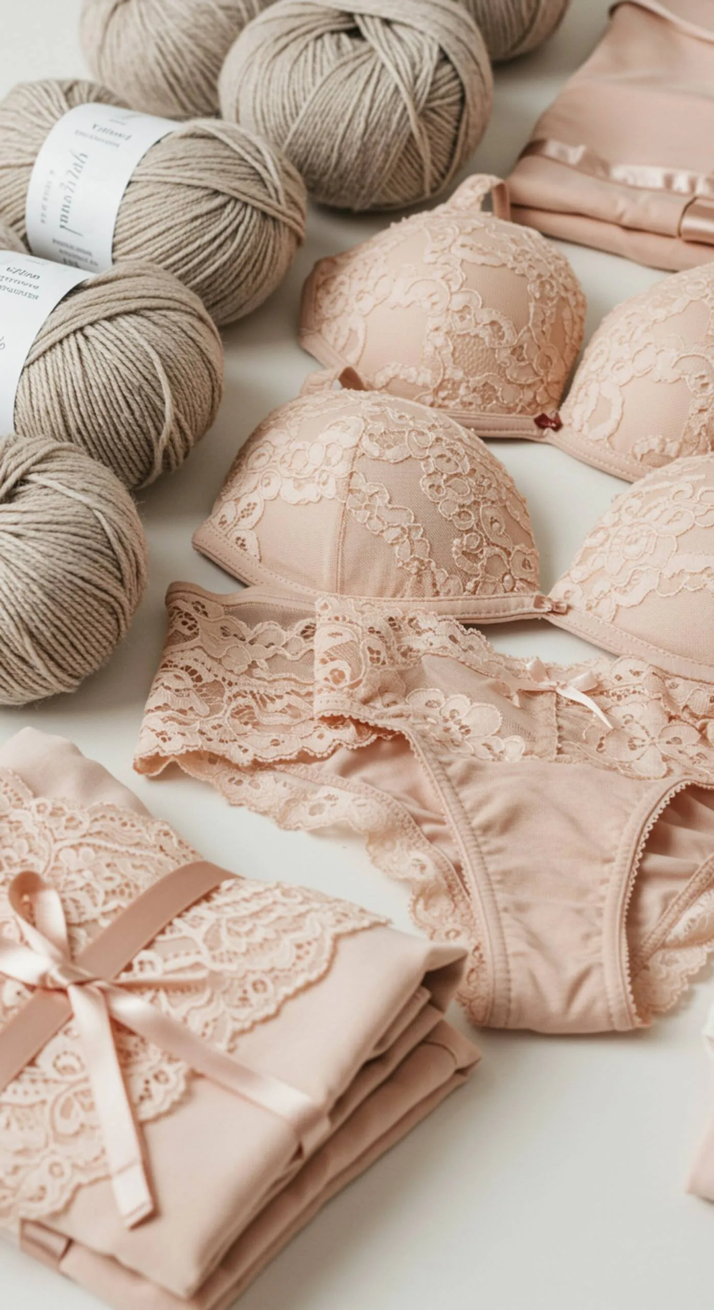 imagen17 "Banner de alta resolución que presenta una selección de productos premium, incluyendo ovillos de lana, lencería de encaje y ropa interior femenina, todo dispuesto artísticamente sobre un fondo blanco iluminado."