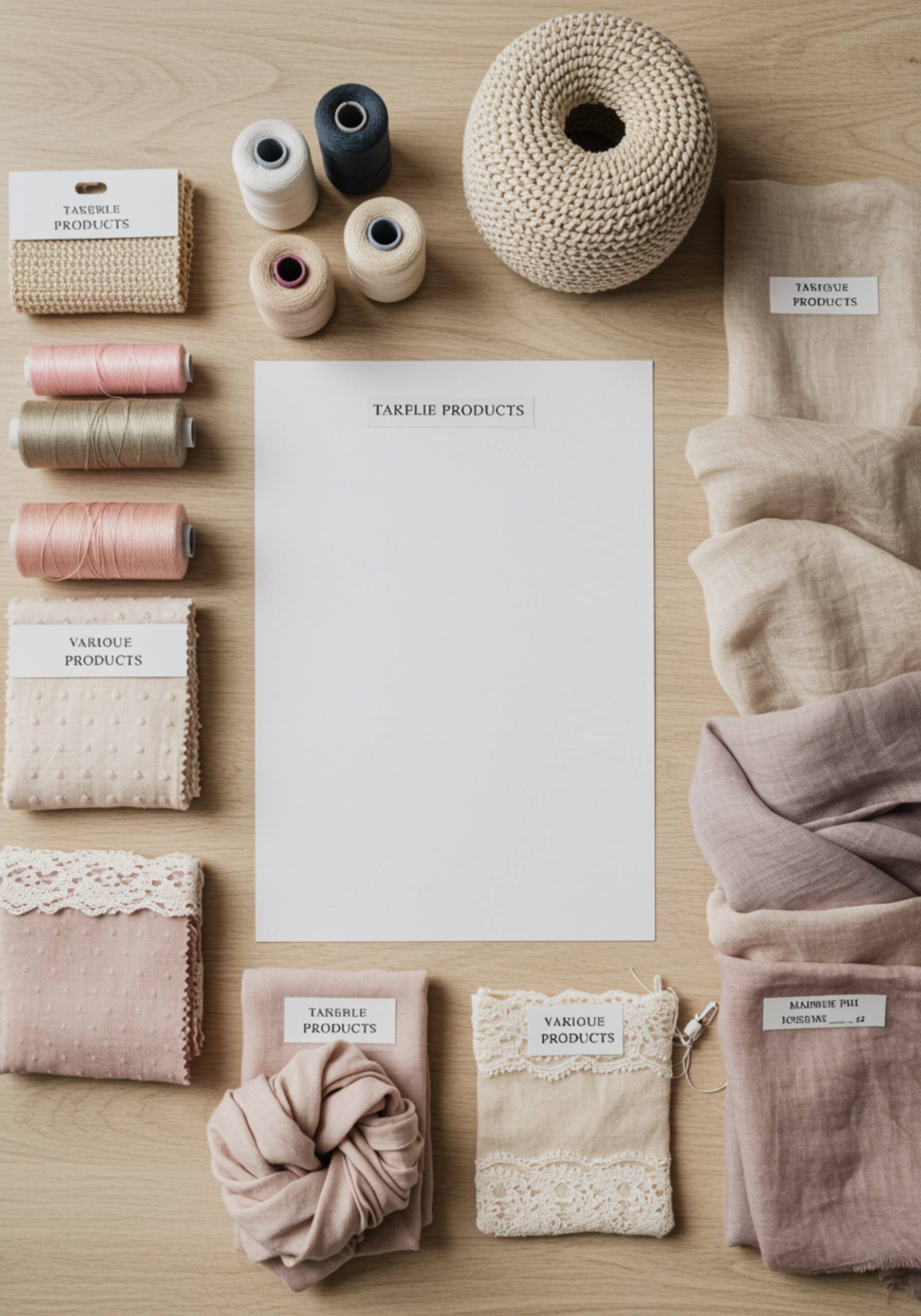 "Composición plana de accesorios textiles diversos, incluyendo hilos, bolsitas de encaje, bufandas delicadas y muestras de telas en tonos neutros y pasteles sobre una superficie de madera clara."