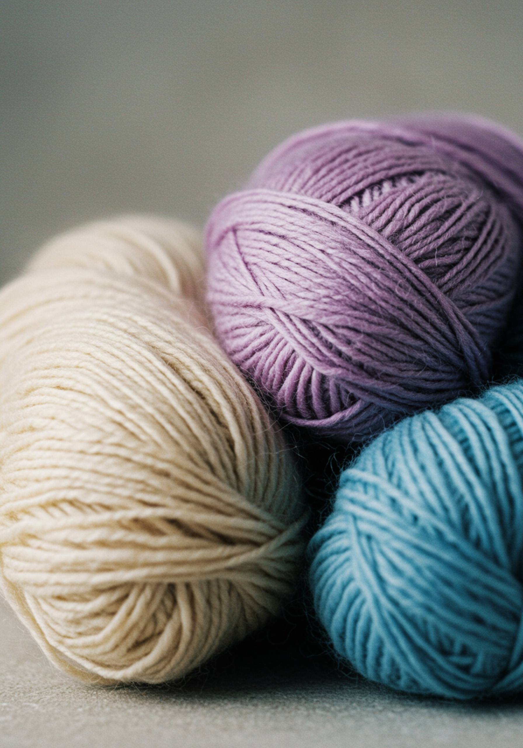 "Primer plano hiperrealista de ovillos de lana coloridos en tonos crema, rosa, lavanda y azul cielo, que destacan por su textura suave y calidad artesanal en un ambiente cálido."