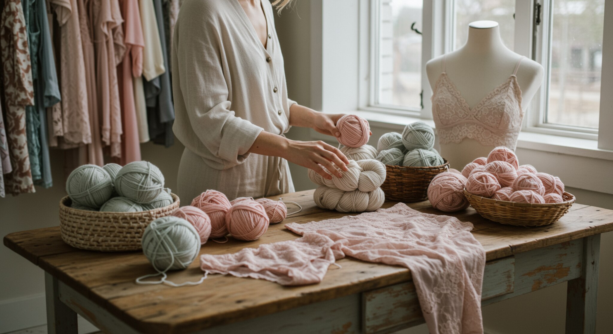 "Interior de boutique luminosa con ovillos de lana pastel, lencería de encaje y ropa femenina sobre una mesa vintage, destacando a una modelo tocando la lana en un ambiente acogedor con luz natural."